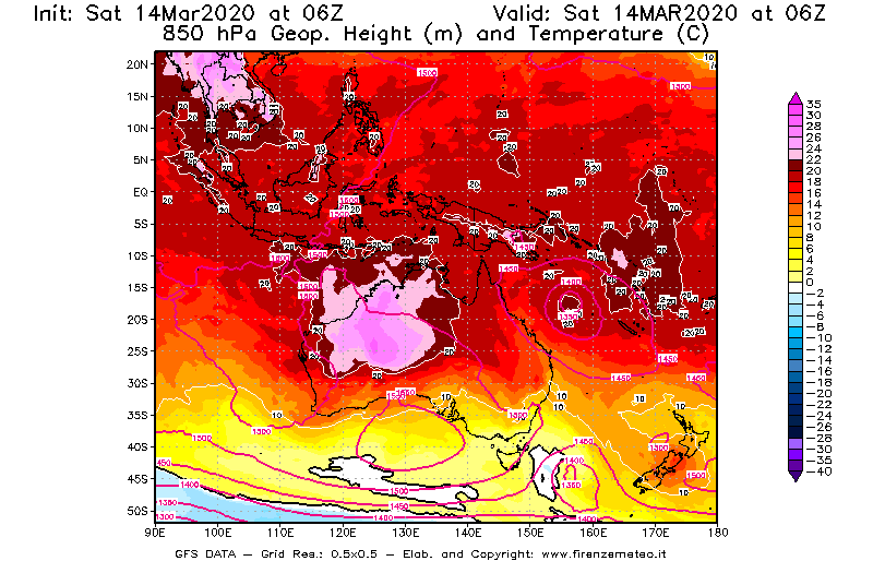 Mappa di analisi GFS - Geopotenziale [m] e Temperatura [°C] a 850 hPa in Oceania
							del 14/03/2020 06 <!--googleoff: index-->UTC<!--googleon: index-->
