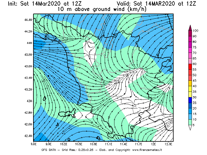Mappa di analisi GFS - Velocità del vento a 10 metri dal suolo [km/h] in Toscana
							del 14/03/2020 12 <!--googleoff: index-->UTC<!--googleon: index-->