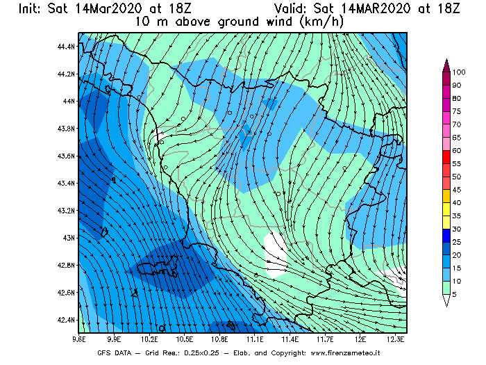 Mappa di analisi GFS - Velocità del vento a 10 metri dal suolo [km/h] in Toscana
							del 14/03/2020 18 <!--googleoff: index-->UTC<!--googleon: index-->