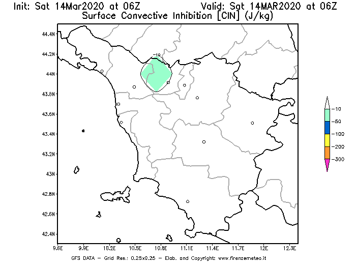 Mappa di analisi GFS - CIN [J/kg] in Toscana
							del 14/03/2020 06 <!--googleoff: index-->UTC<!--googleon: index-->
