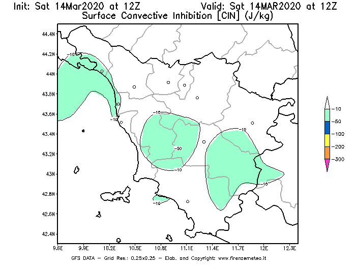 Mappa di analisi GFS - CIN [J/kg] in Toscana
							del 14/03/2020 12 <!--googleoff: index-->UTC<!--googleon: index-->