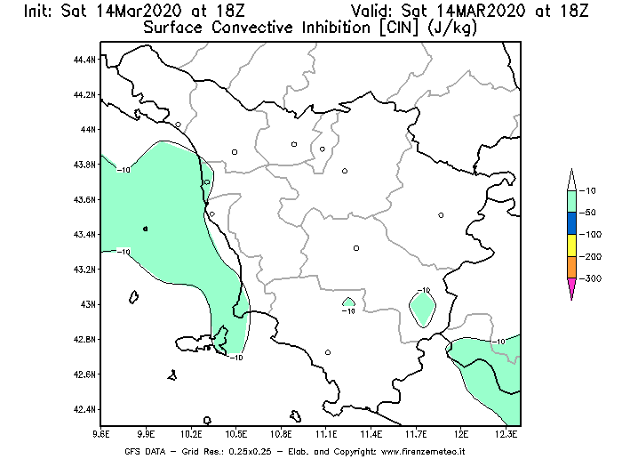 Mappa di analisi GFS - CIN [J/kg] in Toscana
							del 14/03/2020 18 <!--googleoff: index-->UTC<!--googleon: index-->