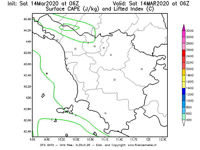 Mappa di analisi GFS - CAPE [J/kg] e Lifted Index [°C] in Toscana
							del 14/03/2020 06 <!--googleoff: index-->UTC<!--googleon: index-->