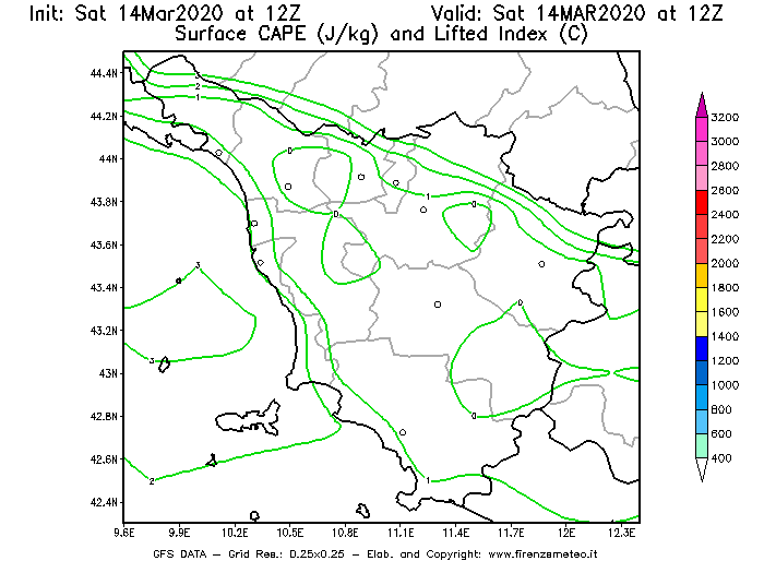 Mappa di analisi GFS - CAPE [J/kg] e Lifted Index [°C] in Toscana
							del 14/03/2020 12 <!--googleoff: index-->UTC<!--googleon: index-->