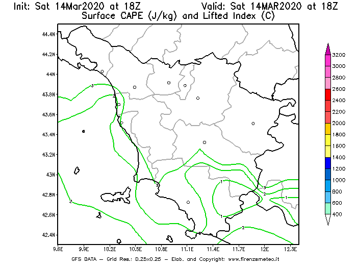Mappa di analisi GFS - CAPE [J/kg] e Lifted Index [°C] in Toscana
							del 14/03/2020 18 <!--googleoff: index-->UTC<!--googleon: index-->