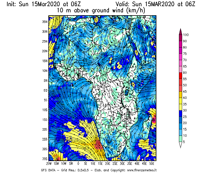 Mappa di analisi GFS - Velocità del vento a 10 metri dal suolo [km/h] in Africa
							del 15/03/2020 06 <!--googleoff: index-->UTC<!--googleon: index-->
