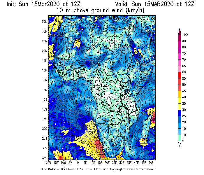 Mappa di analisi GFS - Velocità del vento a 10 metri dal suolo [km/h] in Africa
							del 15/03/2020 12 <!--googleoff: index-->UTC<!--googleon: index-->