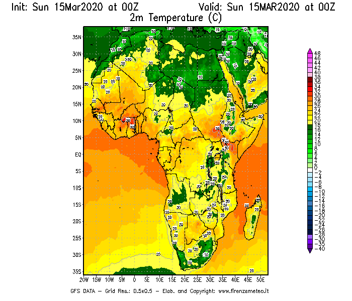 Mappa di analisi GFS - Temperatura a 2 metri dal suolo [°C] in Africa
							del 15/03/2020 00 <!--googleoff: index-->UTC<!--googleon: index-->