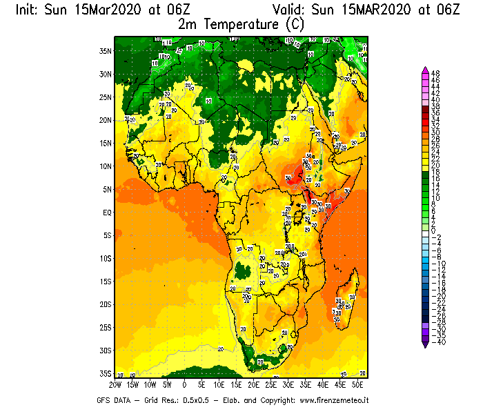 Mappa di analisi GFS - Temperatura a 2 metri dal suolo [°C] in Africa
							del 15/03/2020 06 <!--googleoff: index-->UTC<!--googleon: index-->
