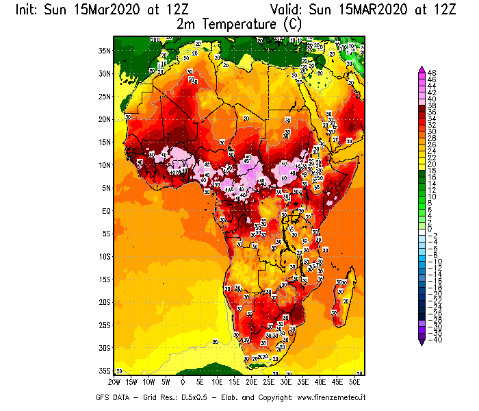 Mappa di analisi GFS - Temperatura a 2 metri dal suolo [°C] in Africa
							del 15/03/2020 12 <!--googleoff: index-->UTC<!--googleon: index-->