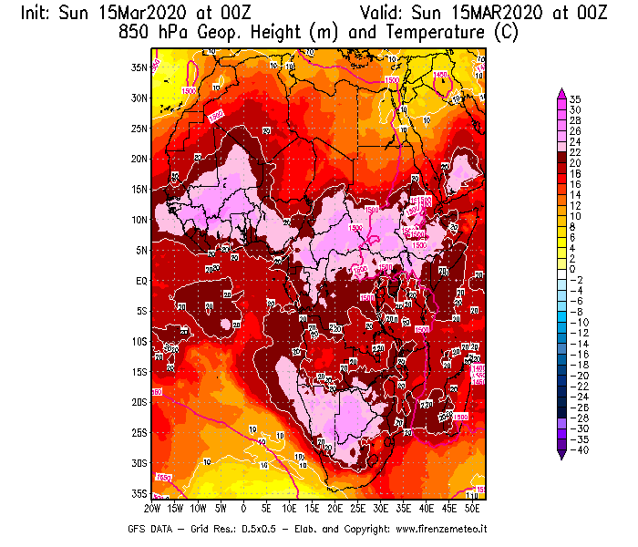 Mappa di analisi GFS - Geopotenziale [m] e Temperatura [°C] a 850 hPa in Africa
							del 15/03/2020 00 <!--googleoff: index-->UTC<!--googleon: index-->