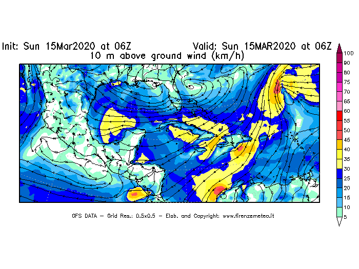 Mappa di analisi GFS - Velocità del vento a 10 metri dal suolo [km/h] in Centro-America
							del 15/03/2020 06 <!--googleoff: index-->UTC<!--googleon: index-->