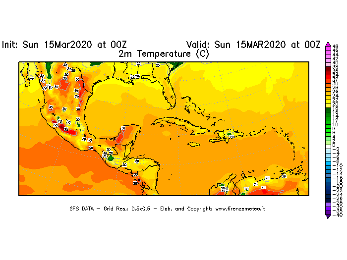 Mappa di analisi GFS - Temperatura a 2 metri dal suolo [°C] in Centro-America
							del 15/03/2020 00 <!--googleoff: index-->UTC<!--googleon: index-->