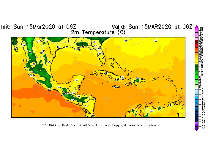 Mappa di analisi GFS - Temperatura a 2 metri dal suolo [°C] in Centro-America
							del 15/03/2020 06 <!--googleoff: index-->UTC<!--googleon: index-->