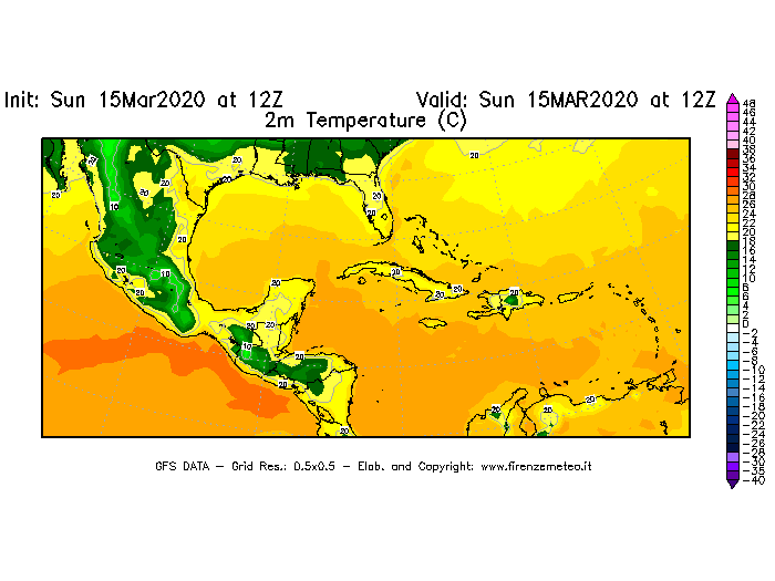 Mappa di analisi GFS - Temperatura a 2 metri dal suolo [°C] in Centro-America
							del 15/03/2020 12 <!--googleoff: index-->UTC<!--googleon: index-->