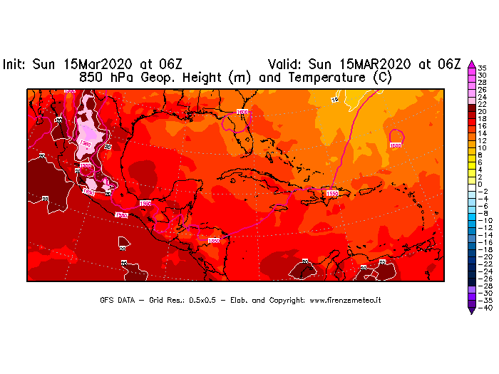 Mappa di analisi GFS - Geopotenziale [m] e Temperatura [°C] a 850 hPa in Centro-America
							del 15/03/2020 06 <!--googleoff: index-->UTC<!--googleon: index-->