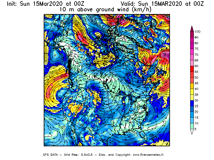 Mappa di analisi GFS - Velocità del vento a 10 metri dal suolo [km/h] in Nord-America
							del 15/03/2020 00 <!--googleoff: index-->UTC<!--googleon: index-->