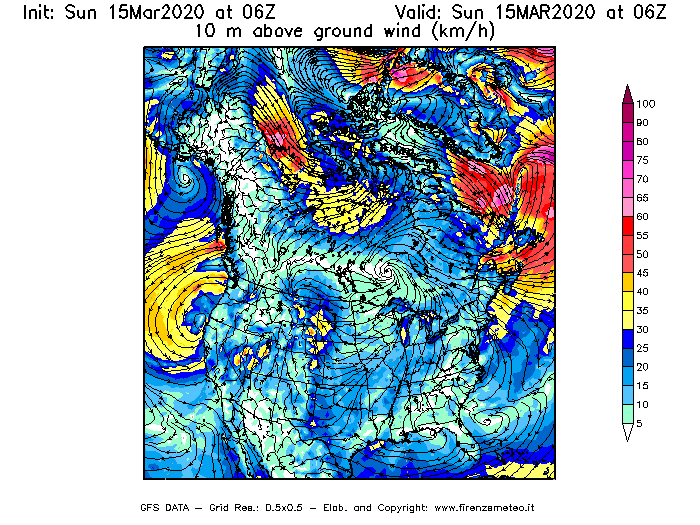 Mappa di analisi GFS - Velocità del vento a 10 metri dal suolo [km/h] in Nord-America
							del 15/03/2020 06 <!--googleoff: index-->UTC<!--googleon: index-->