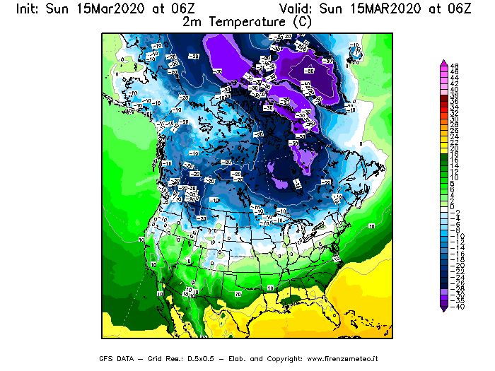 Mappa di analisi GFS - Temperatura a 2 metri dal suolo [°C] in Nord-America
							del 15/03/2020 06 <!--googleoff: index-->UTC<!--googleon: index-->