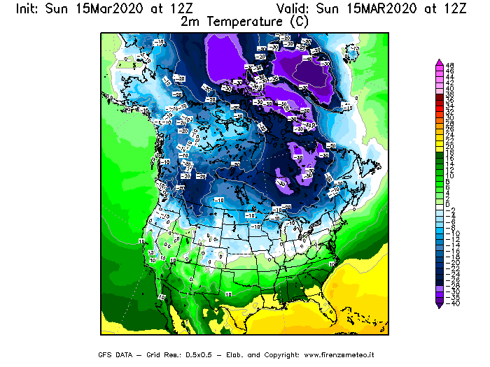 Mappa di analisi GFS - Temperatura a 2 metri dal suolo [°C] in Nord-America
							del 15/03/2020 12 <!--googleoff: index-->UTC<!--googleon: index-->