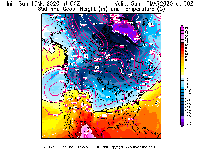 Mappa di analisi GFS - Geopotenziale [m] e Temperatura [°C] a 850 hPa in Nord-America
							del 15/03/2020 00 <!--googleoff: index-->UTC<!--googleon: index-->