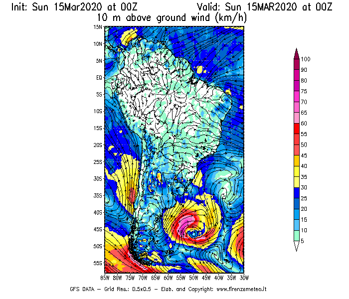 Mappa di analisi GFS - Velocità del vento a 10 metri dal suolo [km/h] in Sud-America
							del 15/03/2020 00 <!--googleoff: index-->UTC<!--googleon: index-->