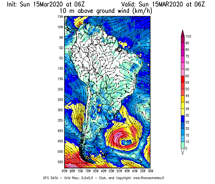 Mappa di analisi GFS - Velocità del vento a 10 metri dal suolo [km/h] in Sud-America
							del 15/03/2020 06 <!--googleoff: index-->UTC<!--googleon: index-->