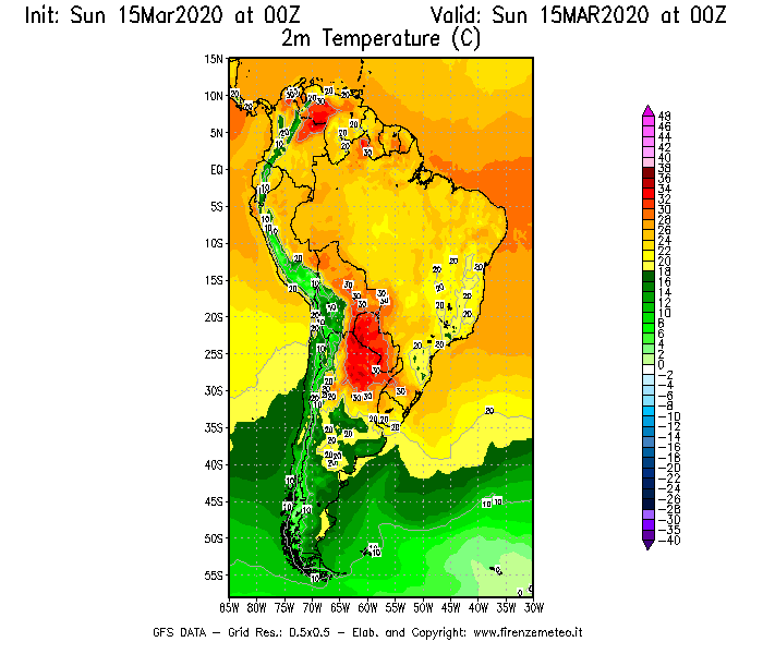 Mappa di analisi GFS - Temperatura a 2 metri dal suolo [°C] in Sud-America
							del 15/03/2020 00 <!--googleoff: index-->UTC<!--googleon: index-->
