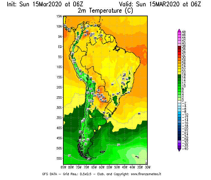 Mappa di analisi GFS - Temperatura a 2 metri dal suolo [°C] in Sud-America
							del 15/03/2020 06 <!--googleoff: index-->UTC<!--googleon: index-->