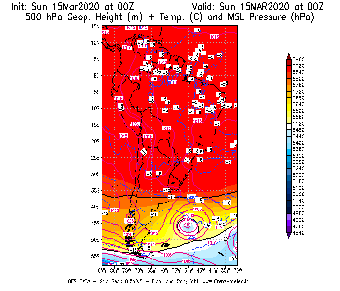 Mappa di analisi GFS - Geopotenziale [m] + Temp. [°C] a 500 hPa + Press. a livello del mare [hPa] in Sud-America
							del 15/03/2020 00 <!--googleoff: index-->UTC<!--googleon: index-->
