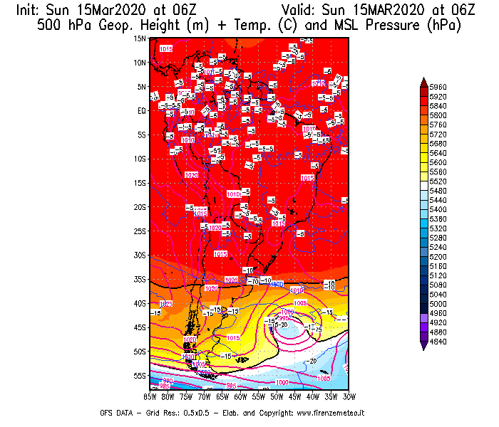 Mappa di analisi GFS - Geopotenziale [m] + Temp. [°C] a 500 hPa + Press. a livello del mare [hPa] in Sud-America
							del 15/03/2020 06 <!--googleoff: index-->UTC<!--googleon: index-->