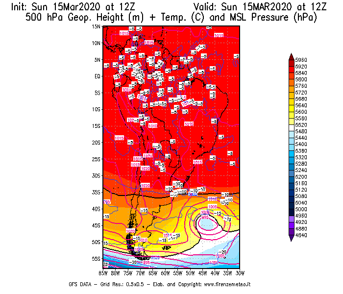Mappa di analisi GFS - Geopotenziale [m] + Temp. [°C] a 500 hPa + Press. a livello del mare [hPa] in Sud-America
							del 15/03/2020 12 <!--googleoff: index-->UTC<!--googleon: index-->