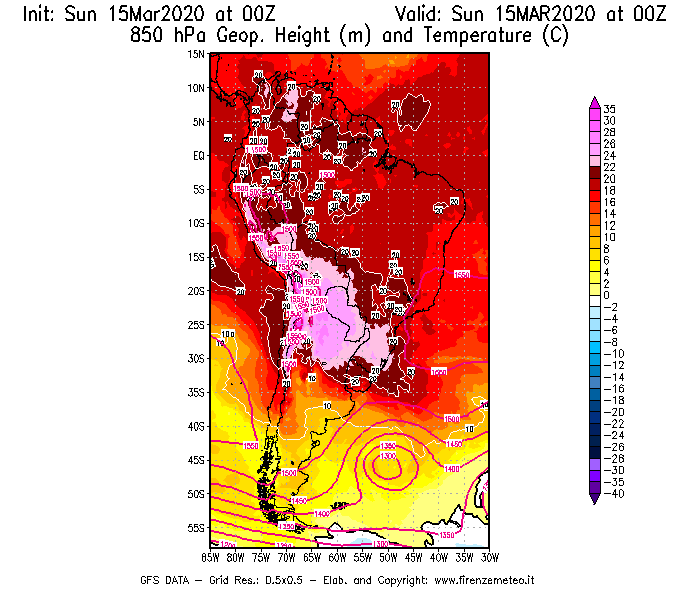 Mappa di analisi GFS - Geopotenziale [m] e Temperatura [°C] a 850 hPa in Sud-America
							del 15/03/2020 00 <!--googleoff: index-->UTC<!--googleon: index-->