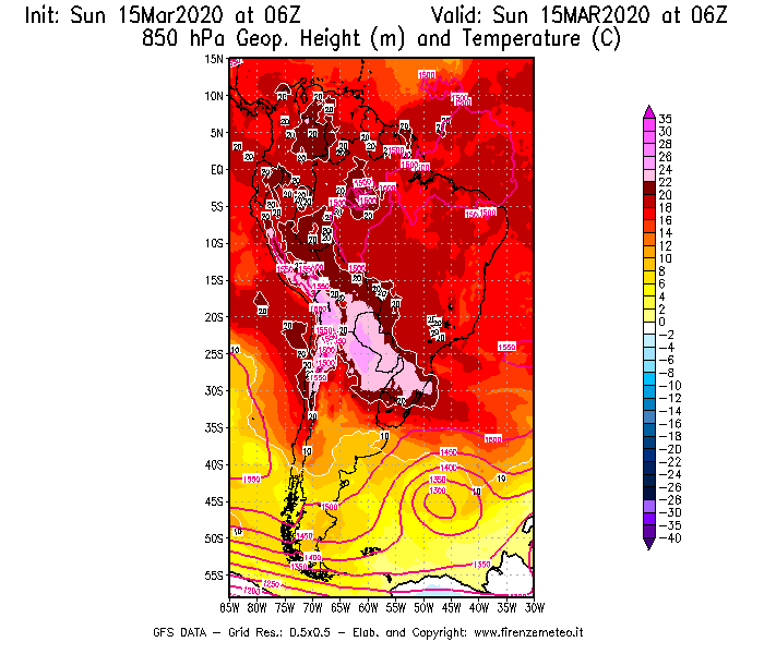 Mappa di analisi GFS - Geopotenziale [m] e Temperatura [°C] a 850 hPa in Sud-America
							del 15/03/2020 06 <!--googleoff: index-->UTC<!--googleon: index-->