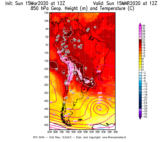 Mappa di analisi GFS - Geopotenziale [m] e Temperatura [°C] a 850 hPa in Sud-America
							del 15/03/2020 12 <!--googleoff: index-->UTC<!--googleon: index-->