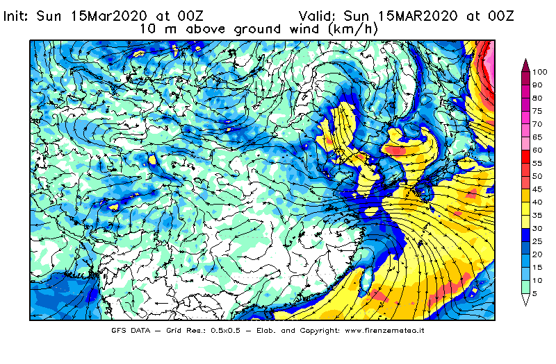 Mappa di analisi GFS - Velocità del vento a 10 metri dal suolo [km/h] in Asia Orientale
							del 15/03/2020 00 <!--googleoff: index-->UTC<!--googleon: index-->