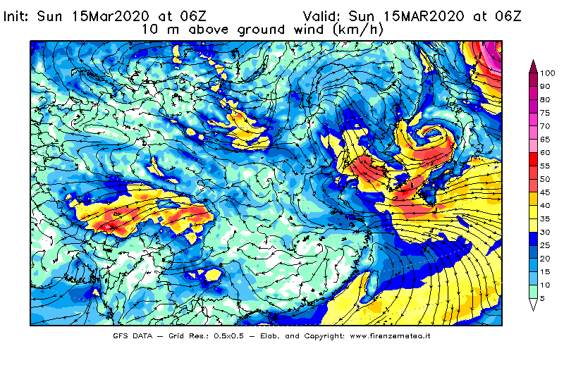 Mappa di analisi GFS - Velocità del vento a 10 metri dal suolo [km/h] in Asia Orientale
							del 15/03/2020 06 <!--googleoff: index-->UTC<!--googleon: index-->