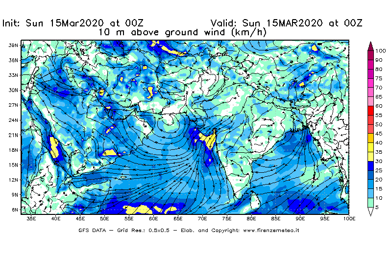 Mappa di analisi GFS - Velocità del vento a 10 metri dal suolo [km/h] in Asia Sud-Occidentale
							del 15/03/2020 00 <!--googleoff: index-->UTC<!--googleon: index-->