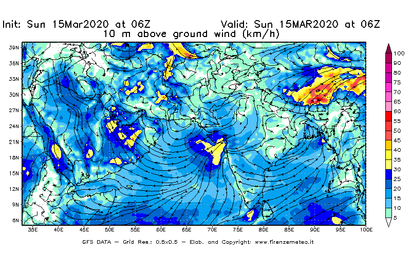 Mappa di analisi GFS - Velocità del vento a 10 metri dal suolo [km/h] in Asia Sud-Occidentale
							del 15/03/2020 06 <!--googleoff: index-->UTC<!--googleon: index-->