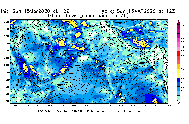 Mappa di analisi GFS - Velocità del vento a 10 metri dal suolo [km/h] in Asia Sud-Occidentale
							del 15/03/2020 12 <!--googleoff: index-->UTC<!--googleon: index-->