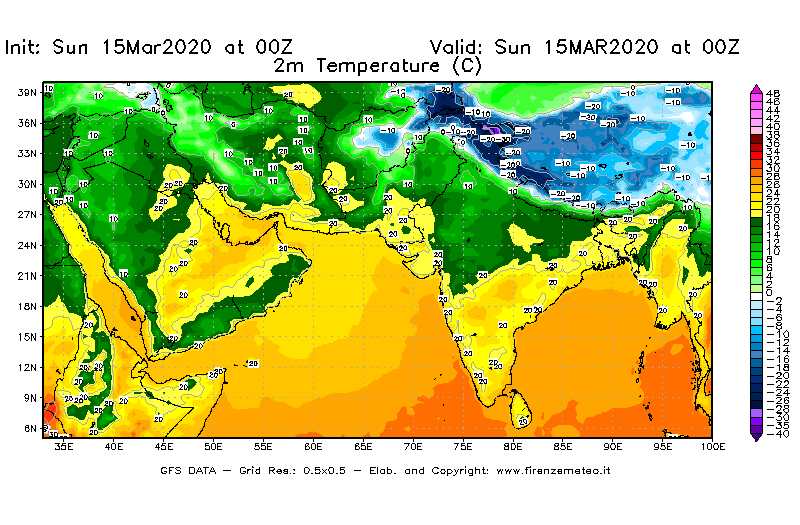 Mappa di analisi GFS - Temperatura a 2 metri dal suolo [°C] in Asia Sud-Occidentale
							del 15/03/2020 00 <!--googleoff: index-->UTC<!--googleon: index-->