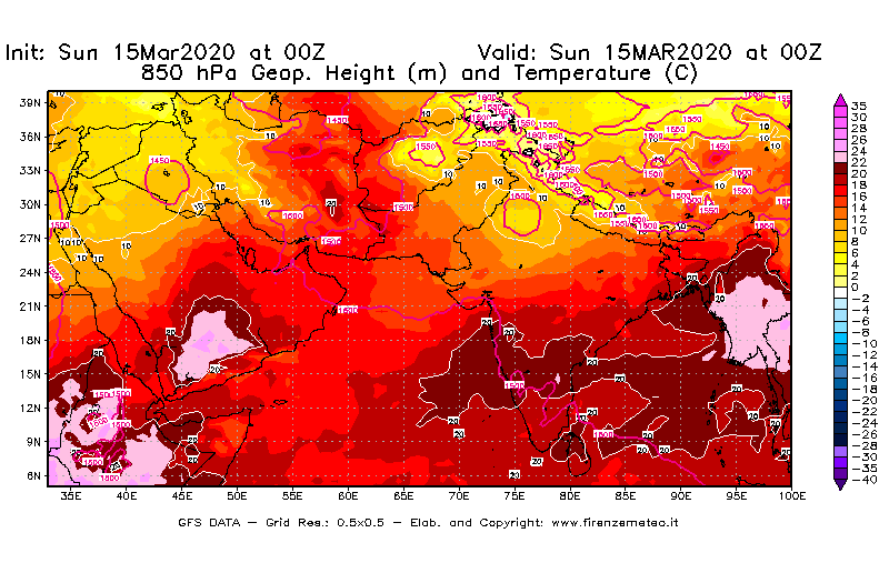 Mappa di analisi GFS - Geopotenziale [m] e Temperatura [°C] a 850 hPa in Asia Sud-Occidentale
							del 15/03/2020 00 <!--googleoff: index-->UTC<!--googleon: index-->