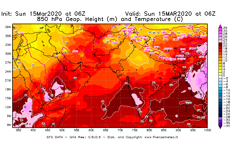 Mappa di analisi GFS - Geopotenziale [m] e Temperatura [°C] a 850 hPa in Asia Sud-Occidentale
							del 15/03/2020 06 <!--googleoff: index-->UTC<!--googleon: index-->