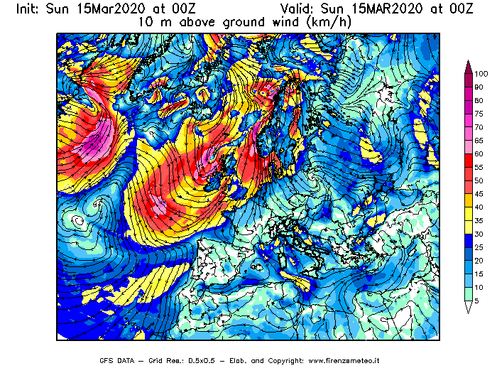 Mappa di analisi GFS - Velocità del vento a 10 metri dal suolo [km/h] in Europa
							del 15/03/2020 00 <!--googleoff: index-->UTC<!--googleon: index-->