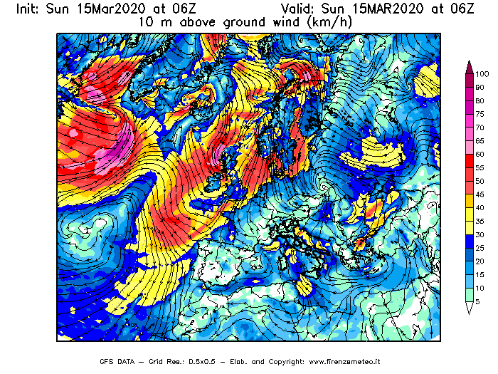 Mappa di analisi GFS - Velocità del vento a 10 metri dal suolo [km/h] in Europa
							del 15/03/2020 06 <!--googleoff: index-->UTC<!--googleon: index-->