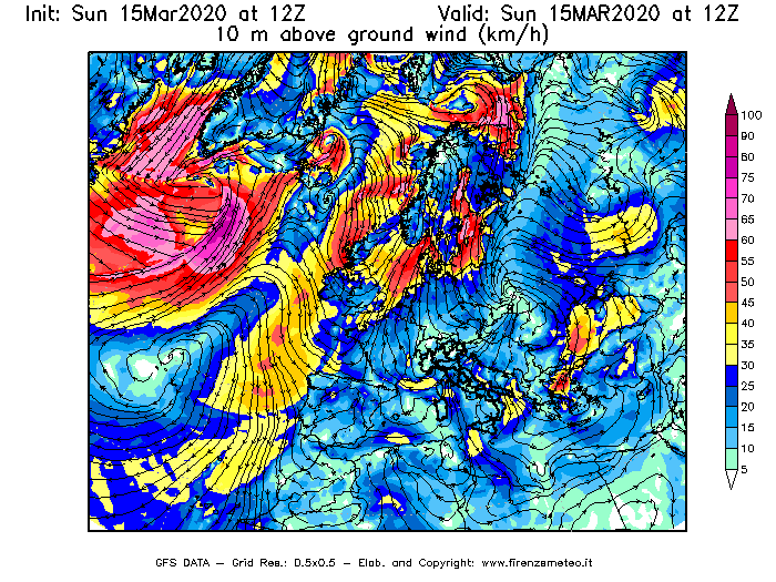 Mappa di analisi GFS - Velocità del vento a 10 metri dal suolo [km/h] in Europa
							del 15/03/2020 12 <!--googleoff: index-->UTC<!--googleon: index-->