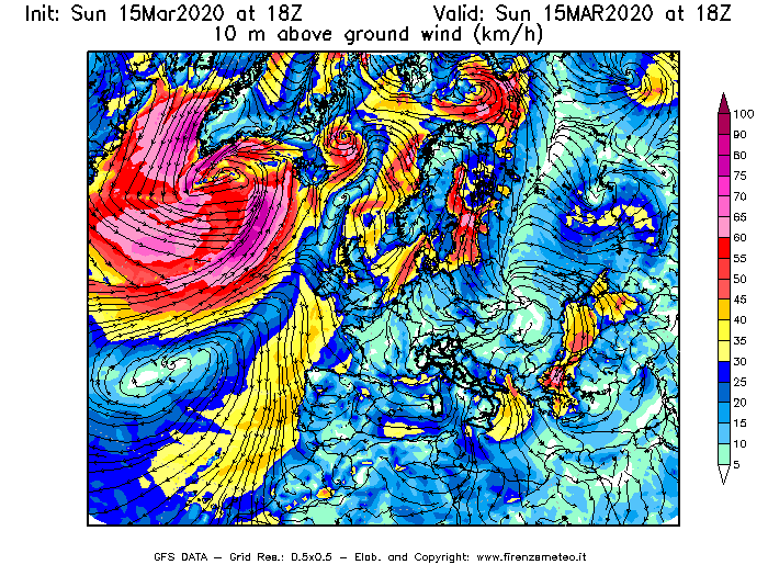 Mappa di analisi GFS - Velocità del vento a 10 metri dal suolo [km/h] in Europa
							del 15/03/2020 18 <!--googleoff: index-->UTC<!--googleon: index-->