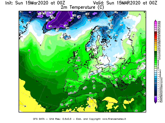 Mappa di analisi GFS - Temperatura a 2 metri dal suolo [°C] in Europa
							del 15/03/2020 00 <!--googleoff: index-->UTC<!--googleon: index-->