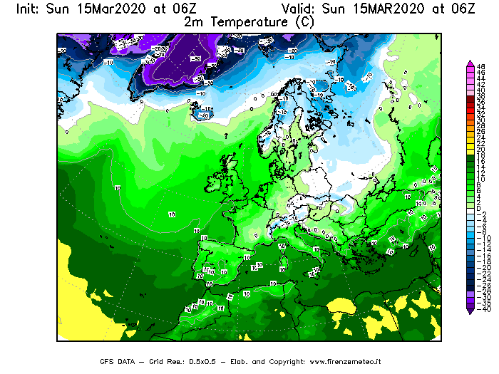 Mappa di analisi GFS - Temperatura a 2 metri dal suolo [°C] in Europa
							del 15/03/2020 06 <!--googleoff: index-->UTC<!--googleon: index-->