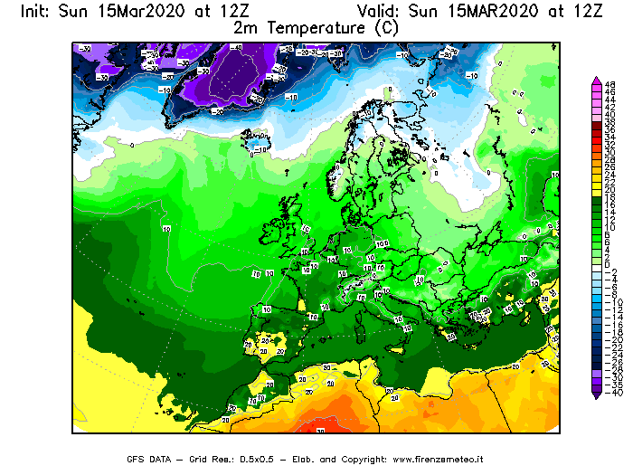 Mappa di analisi GFS - Temperatura a 2 metri dal suolo [°C] in Europa
							del 15/03/2020 12 <!--googleoff: index-->UTC<!--googleon: index-->